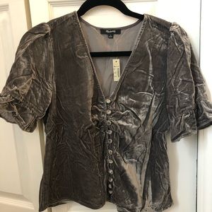Grey crushed velvet button up shirt